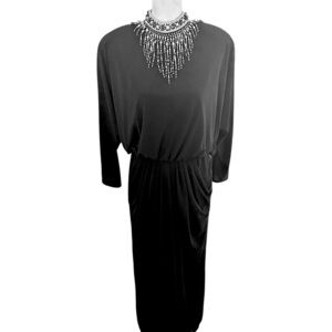 Vtg 1982 Oleg cassini long  dolman sleeve Dress Beaded neckline size 12